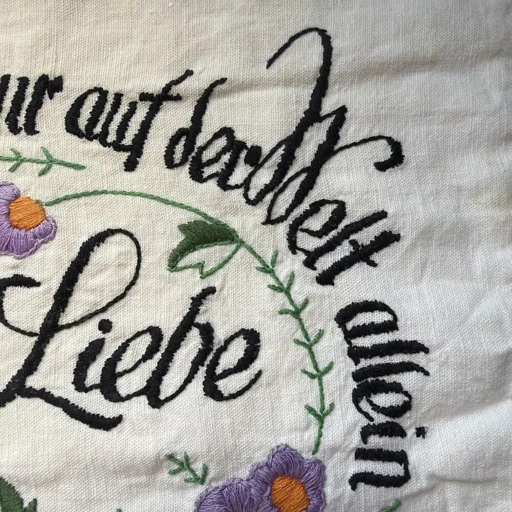 Vintage Hand-Embroidered Pillow Sham Case German Folk Art Flowers Love